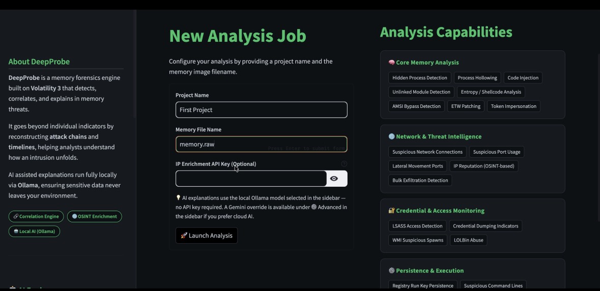 DeepProbe New Analysis Job configuration UI — memory image, project name, IP enrichment, analysis capabilities