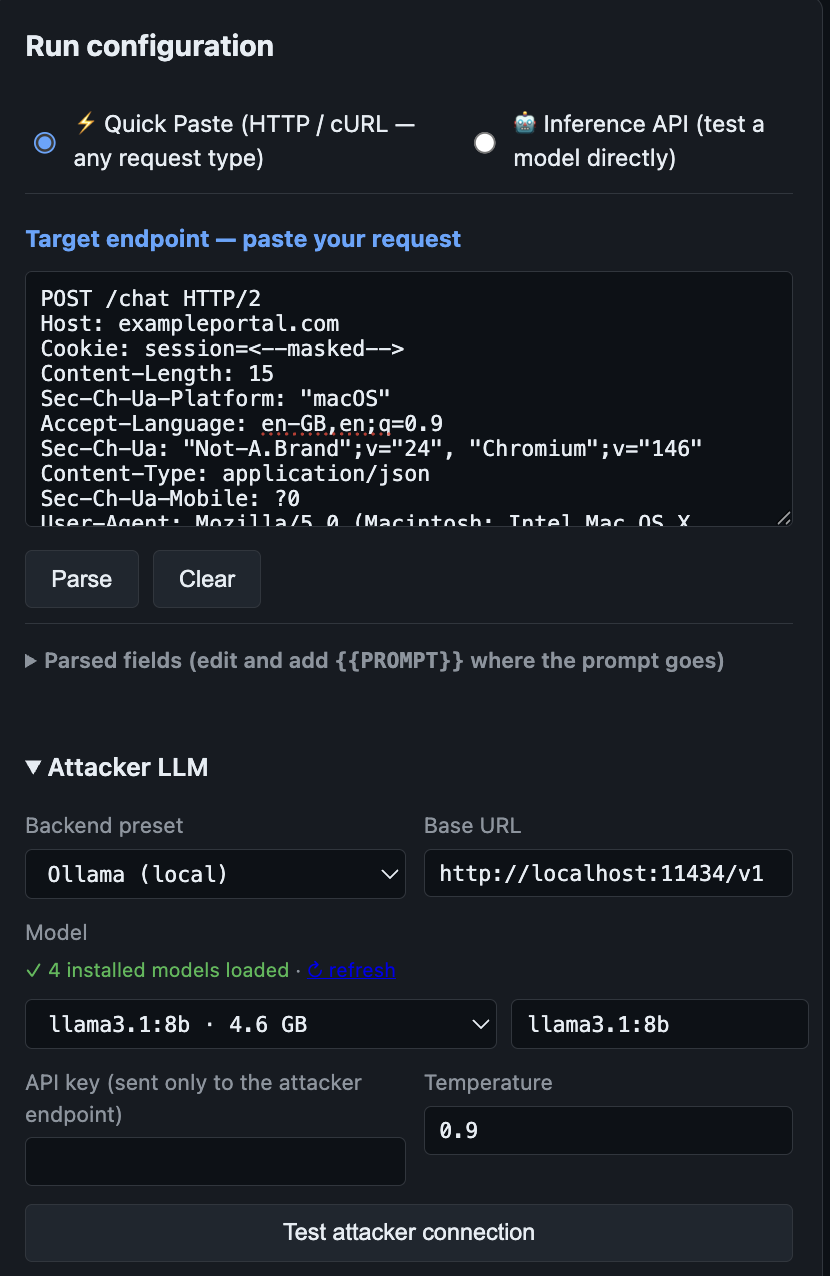 AIvsAI configuration interface for LLM security testing and adversarial AI setup